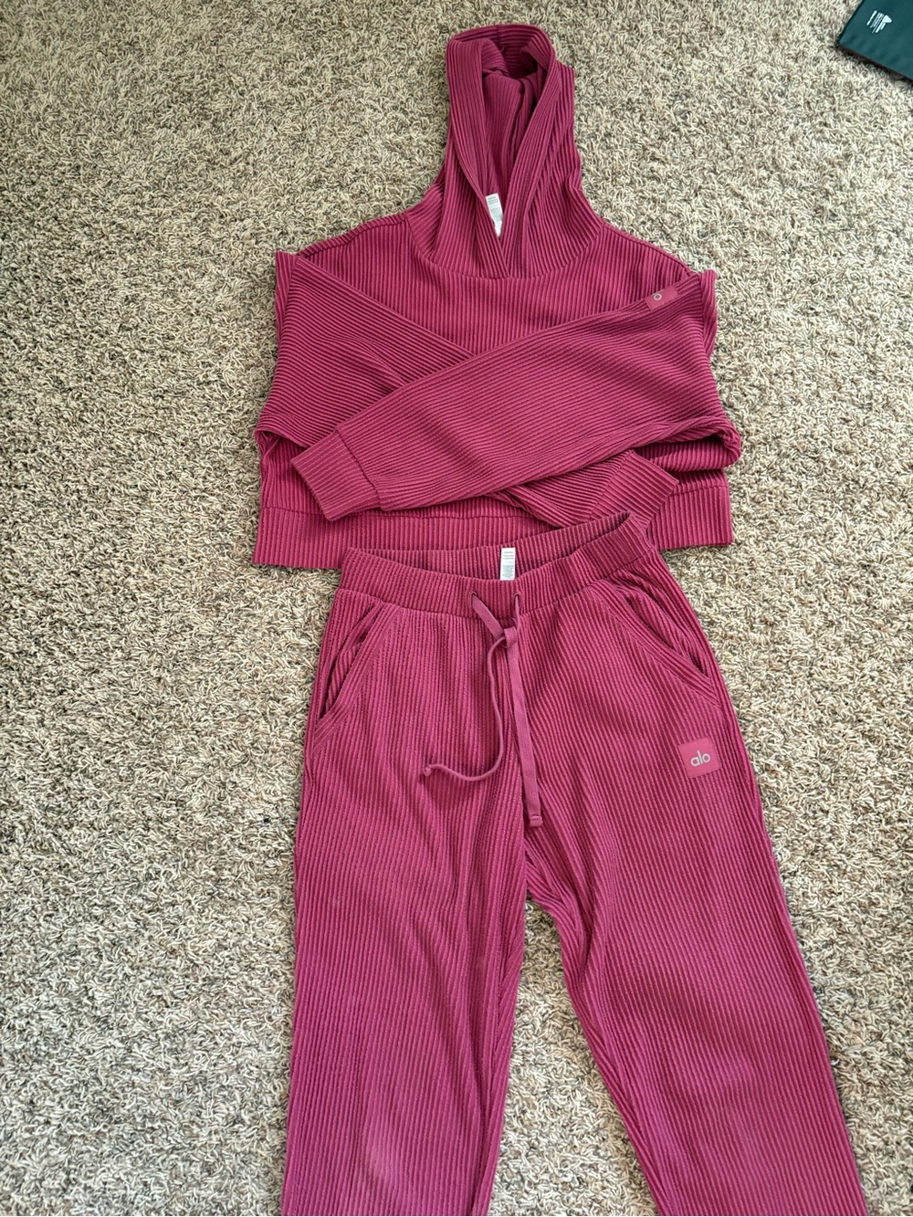 ALO (Muse) Yoga Ribbed Hooded Sweatshirt & Jogger Set in Berry